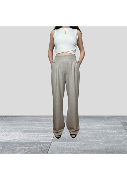 Kadın Bej Palazzo Yüksek Bel Pileli Cepli Bol Paça Pantolon