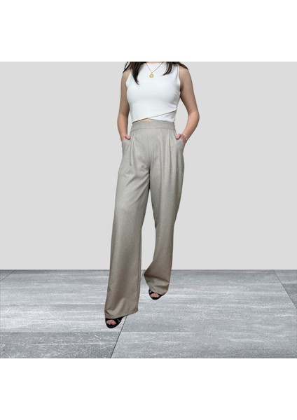 Kadın Bej Palazzo Yüksek Bel Pileli Cepli Bol Paça Pantolon fiyatları