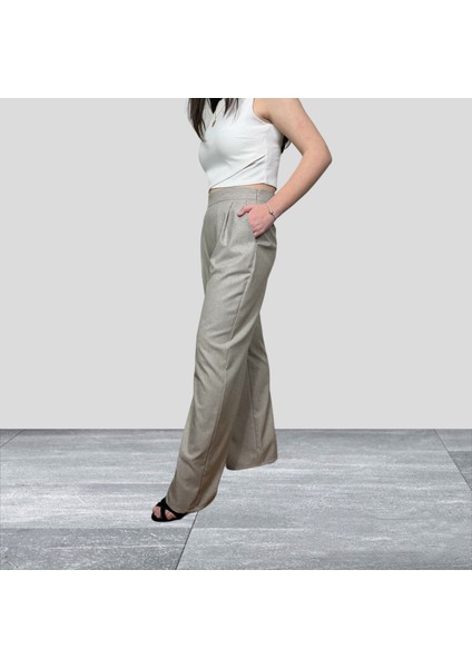 Kadın Bej Palazzo Yüksek Bel Pileli Cepli Bol Paça Pantolon modelleri