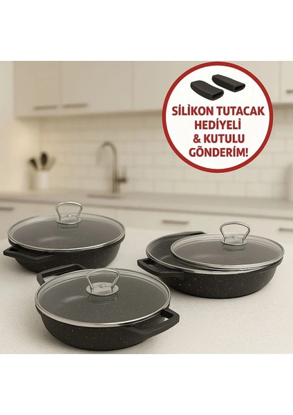 6 Parça Siyah Cam Kapaklı Granit Sahan Tencere Seti 18-20-22 cm
