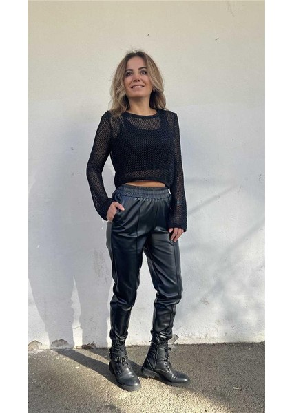 Siyah Beli Baçası Lastikli Deri Pantolon