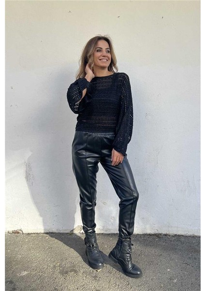 Siyah Beli Baçası Lastikli Deri Pantolon fiyatları