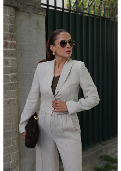 Natural Keten Crop Ceket