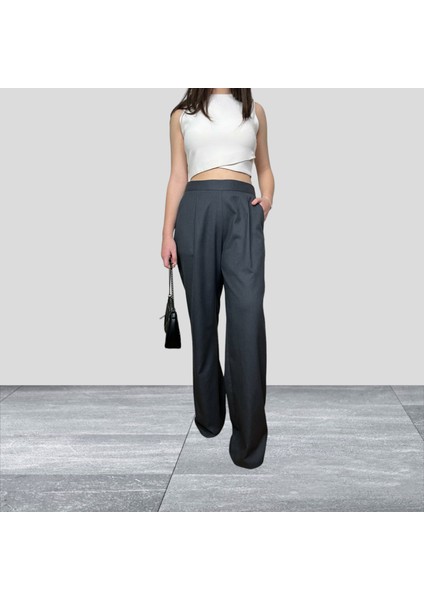 Kadın Gri Palazzo Yüksek Bel Pileli Cepli Bol Paça Pantolon