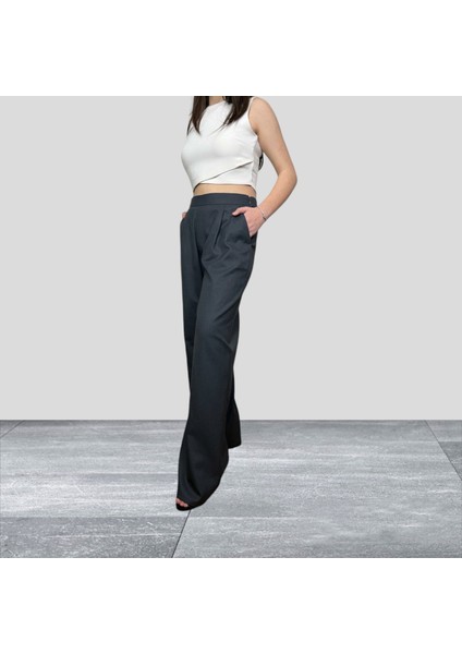 Kadın Gri Palazzo Yüksek Bel Pileli Cepli Bol Paça Pantolon fiyatları