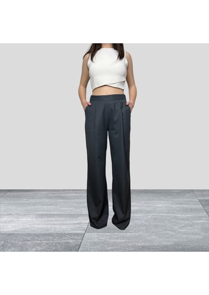 Kadın Gri Palazzo Yüksek Bel Pileli Cepli Bol Paça Pantolon modelleri