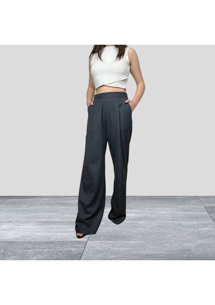 Kadın Gri Palazzo Yüksek Bel Pileli Cepli Bol Paça Pantolon fırsatları