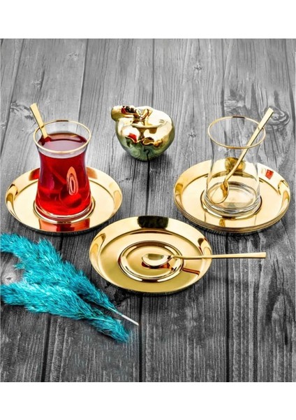 Paslanmaz Çelik Gold Yuvarlak 6 Adet Çay Tabağı Bardak Altlığı