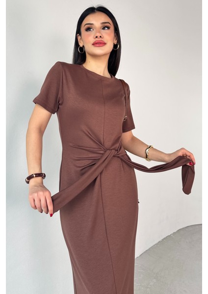 ELB-01771 Taba Belden Bağlamalı Kısa Kol Uzun Elbise