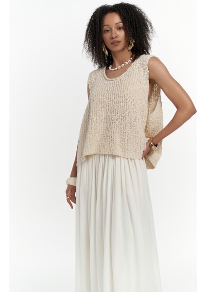 Knitle Rahat Kalıp Triko Bej Crop