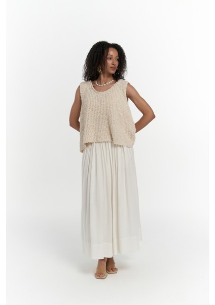 Knitle Rahat Kalıp Triko Bej Crop