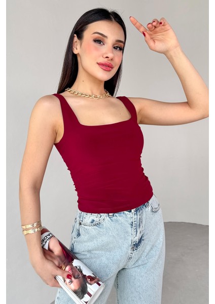 BLZ-06280 Bordo Kare Yaka Askılı Bluz