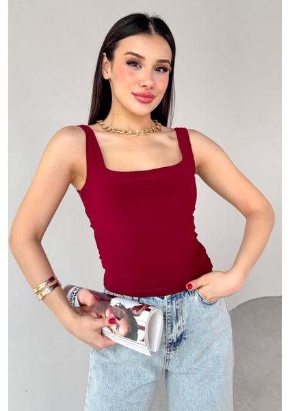 BLZ-06280 Bordo Kare Yaka Askılı Bluz fiyatları