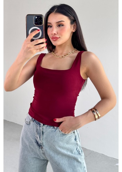 BLZ-06280 Bordo Kare Yaka Askılı Bluz modelleri