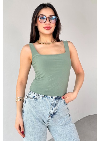 BLZ-06280 Haki Kare Yaka Askılı Bluz