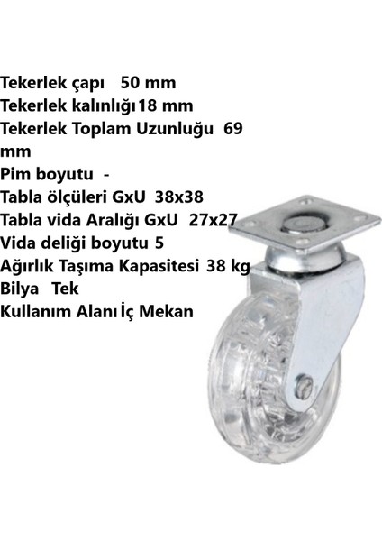 Adilon 50X20'LIK Şeffaf, Makaralı Tablalı, 360 Derece Döner Teker 4 Adet