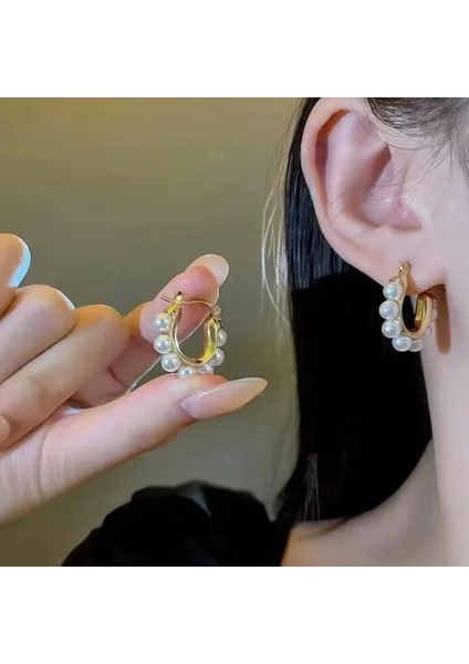 316L Gold Renk Incili Altın Kaplama Çelik Küpe