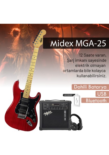 RPH-40RD-25AMP 25W Şarjlı Bt Amfili Elektro Gitar Seti Hsh Manyetik Maple Klavye