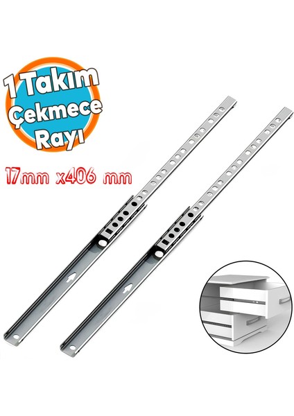 Teleskopik Ince Bilyeli Bilyalı Dolap Çekmece Rayı Sürgüsü Metal En 1.7 cm 17 mm Uzunluk 40,6 cm