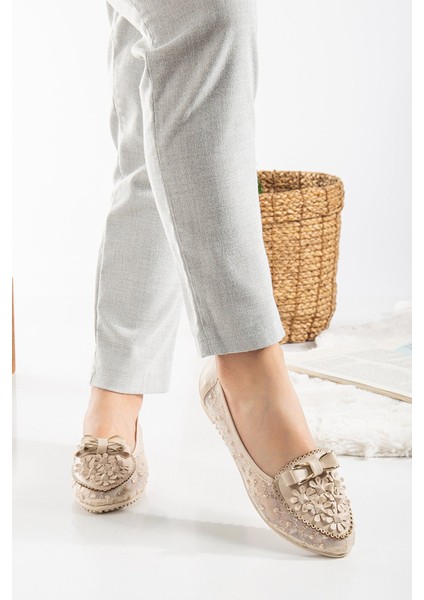 Kadın Yanları Tüllü Taş Detaylı Babet Ayakkabı Yeni Sezon modelleri