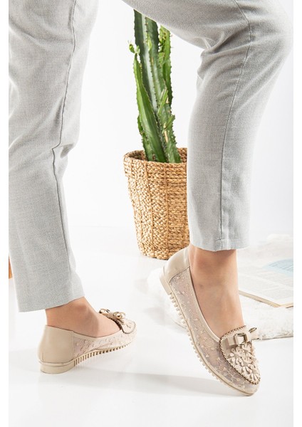 Kadın Yanları Tüllü Taş Detaylı Babet Ayakkabı Yeni Sezon fırsatları