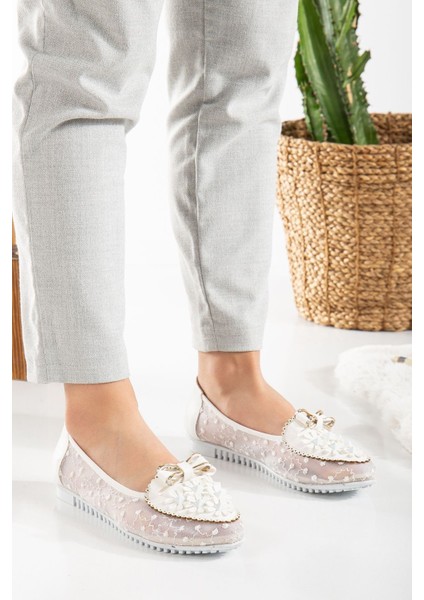 Kadın Yanları Tüllü Taş Detaylı Babet Ayakkabı Yeni Sezon modelleri