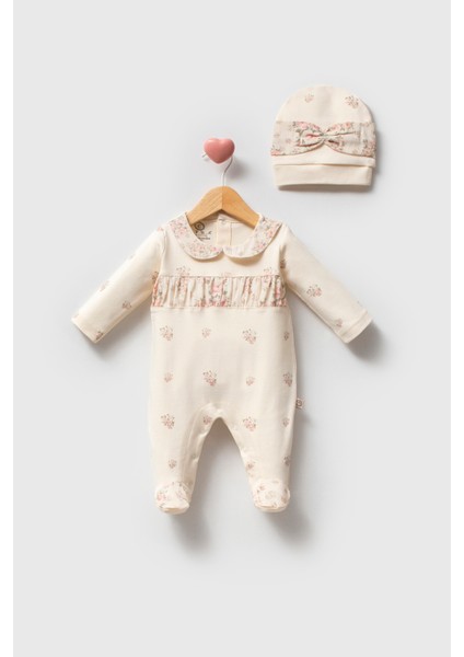 Zarif Çiçek Desenli Şapkalı Tulum