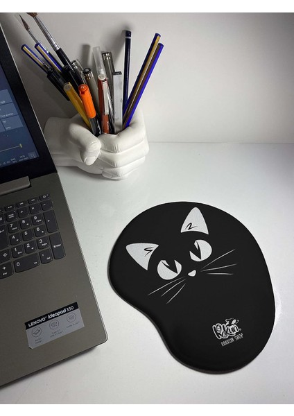 Metrashop Shop - Siyah Beyaz Kedi Baskılı Bilek Destekli Mouse Pad