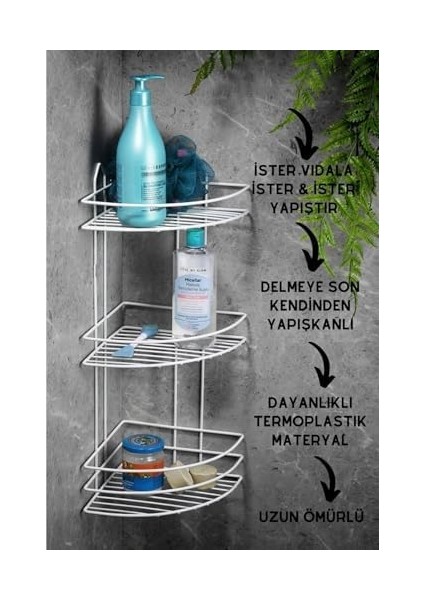 Metrashop Haus Ömür Boyu Paslanmaz Yapışkanlı Banyo Köşeliği Düzenleyici Şampuanlık Duş Rafı Beyaz Ek-03 fiyatları