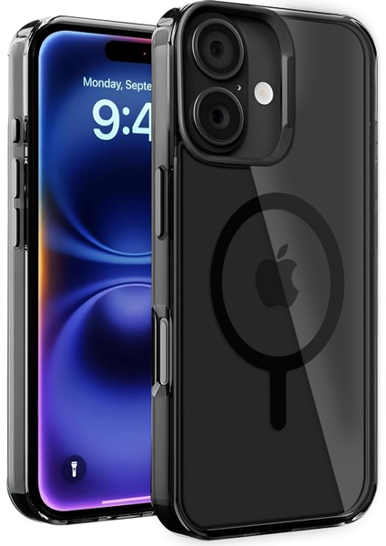 Apple iPhone 16 Için Cyrstal+ Serisi Magsafe ile Uyumlu Metal Lens Korumalı ve Metal Tuş Takımlı Hybrid Materyal Kılıf Kapak (Siyah, 16)