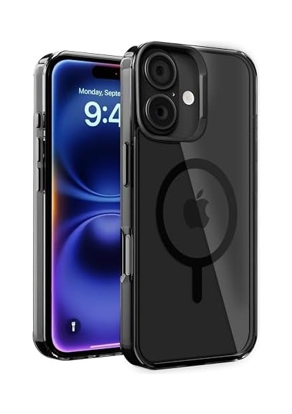 Apple iPhone 16 Için Cyrstal+ Serisi Magsafe ile Uyumlu Metal Lens Korumalı ve Metal Tuş Takımlı Hybrid Materyal Kılıf Kapak (Siyah, 16)