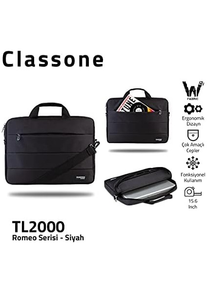 Metrashop Romeo Serisi TL2000 15.6 Inch Uyumlu Su Geçirmez Kumaş, Notebook, Laptop , El Çantası- Siyah