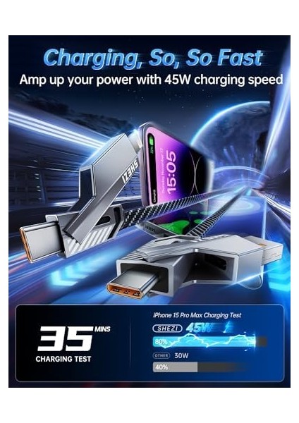 Metrashop 4'ü 1 Arada USB C Kablosu [45W Hızlı Şarj ve Veri Senkronizasyonu] Düz Örgülü USB C - USB C Şarj Kablosu L/tip C/usb A Çoklu Bağlantı Noktaları iPhone iPad MacBook Için - 1ft (Shezı