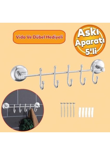 Metrashop Vidalı Askılık 5'li Metal Banyo Lavabo Sağlam Aparat Krom Askılık Elbise Havlu Asma Askı