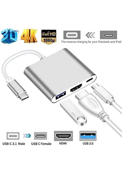 Metrashop Plus PX-SW-U515 Gri Metal Type-C To 4K HDMI + USB 3.0 + Pd Şarj Çevirici Adaptör