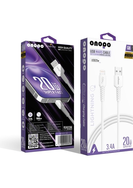 Metrashop Iphone Uyumlu Lightning To USB Kablo 3.4A Uyumlu Hızlı Şarj ve Data Kablosu 1m - Q8