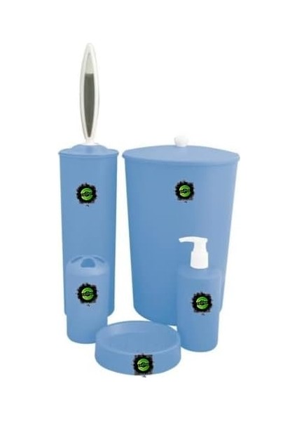 Metrashop 5 Parça Sert Plastik Banyo Seti Kutulu Portatif Çeyizlik Nişan Düğün Ev Hediyesi 5'li Set Banyo Takımı Desensiz Çok Amaçlı Tuvalet Lavabo Seti Renkli Tasarım (Mavi, Plastik)