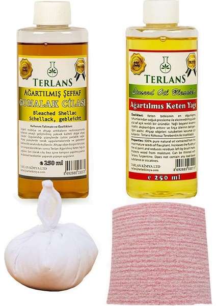 Metrashop Doğal Ahşap Cila Seti Şeffaf Gomalak + Keten Yağı + Sürme Topu + Süngerli Zımpara