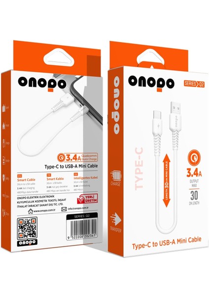 Metrashop Android Uyumlu Type-C To USB Mini Kablo 3.4A Hızlı Şarj ve Data Kablosu 30CM- Q2