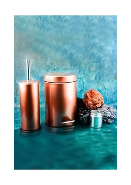 Metrashop Haus Pedallı Çöp Kovası Tuvalet Wc Fırçası Banyo Çöp Kovası 2 Li Banyo Seti Bakır 5 Litre