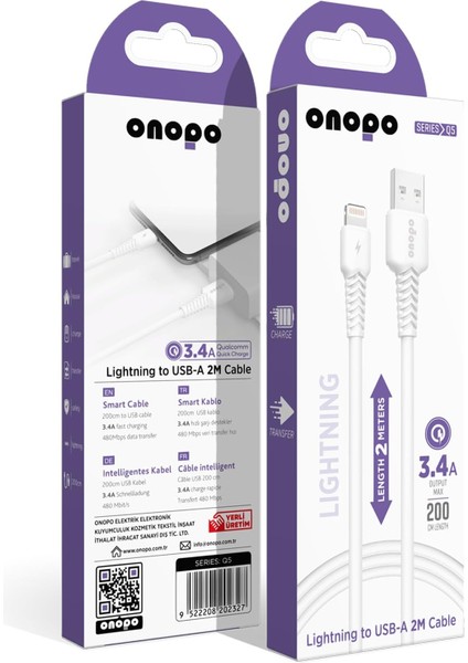 Metrashop Q5 Lightning To USB Kablo - 3.4A Hızlı Şarj ve Data Kablosu (2 Metre)