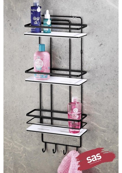 Metrashop Haus Yapışkanlı Ömür Boyu Paslanmaz Ayarlanabilir Raf Banyo Düzenleyici Şampuanlık Siyah - Beyaz Lş-03