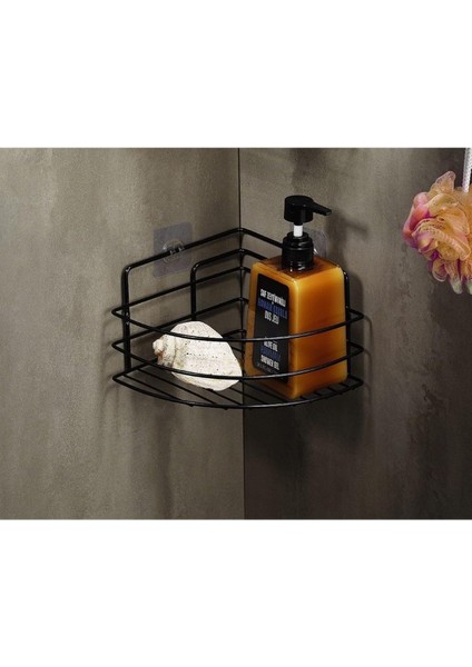 Metrashop Haus Ömür Boyu Paslanmaz Yapışkanlı Banyo Köşeliği Düzenleyici Şampuanlık Duş Rafı Siyah Tk-01