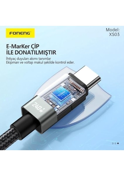 Metrashop XS03 240W LED Işıklı Type-C To Type-C Şarj ve Data Kablosu Ip Örgülü