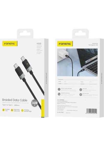 Metrashop XS03 240W LED Işıklı Type-C To Type-C Şarj ve Data Kablosu Ip Örgülü