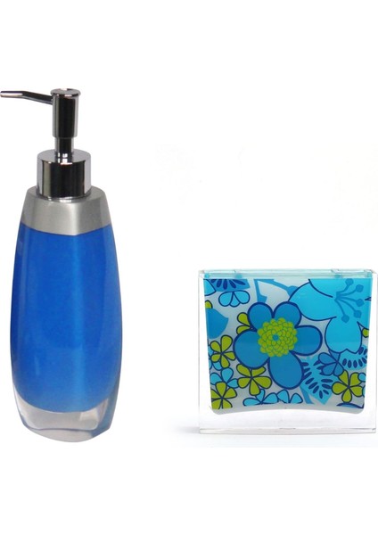 Metrashop Homi Sıvı Sabunluk,diş Fırçalık 2 Li Banyo Seti,gri Mavi ve Çiçekli