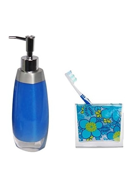 Metrashop Homi Sıvı Sabunluk,diş Fırçalık 2 Li Banyo Seti,gri Mavi ve Çiçekli fiyatları