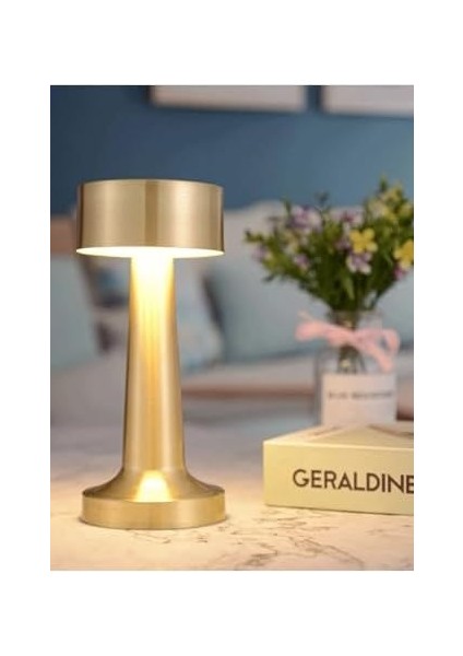 Metrashop LED Şarj Edilebilir Taşınabilir Masa Lambası - Dokunmatik Aç/kapa ve Parlaklık Ayarı, 3 Renk Seçeneği (Gold, Dalya)