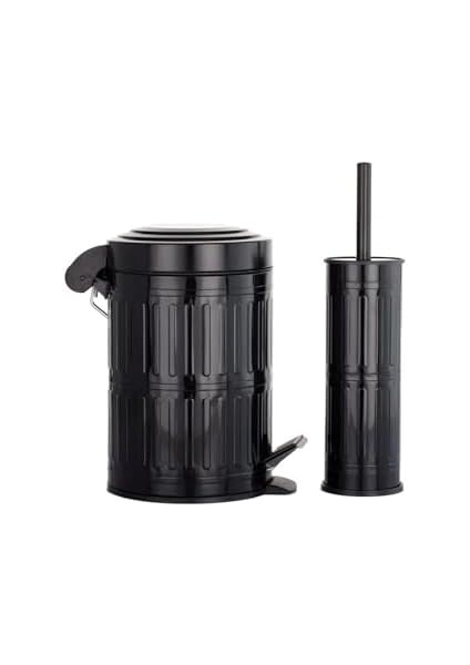Metrashop Haus Pedallı Çöp Kovası Tuvalet Wc Fırçası Banyo Çöp Kovası 2'li Banyo Seti 5 Litre Siyah Vintage