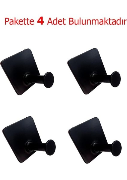 Metrashop Kendinden Yapışkanlı Askılık Tekli Mat Siyah 4 Lü Paket
